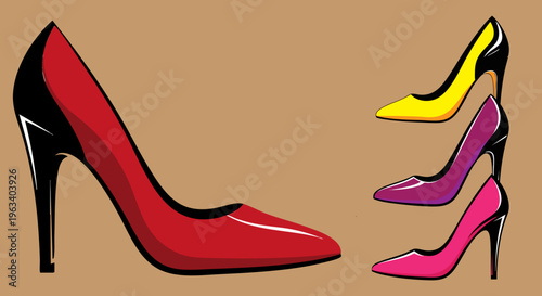 PrintA stylish collection of elegant high-heeled shoes, showcasing various vibrant colors and classic designs, perfect for fashion, glamour, and sophisticated events, appealing to women seeking chic f