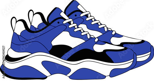 PrintA pair of trendy athletic sneakers, showcasing a bold design with vibrant blue, crisp white, and deep black accents, perfect for fashion-forward individuals seeking comfortable and stylish footwe
