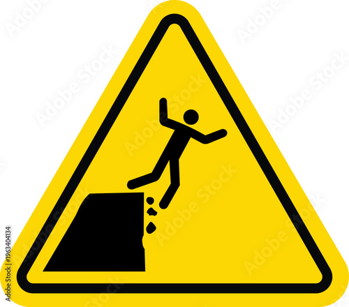 Fotografie Yellow Warning Sign Icon of Person Falling Off Cliff Edge, Danger of Heights and