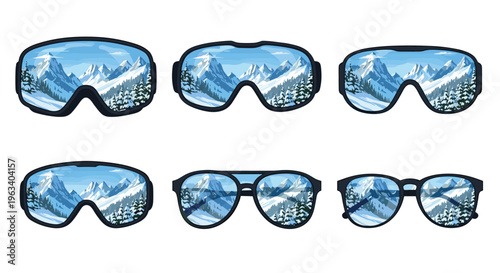 Six assorted pairs of goggles and sunglasses reflect a snowy mountain forest on a white background.