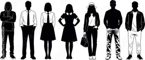 Set of diverse people silhouettes in casual and formal outfits including businessman student woman with handbag and youth in hoodies