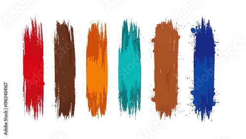 colorful paint brush strokes in red brown orange teal and blue forming an expressive abstract art background with textured splatters.