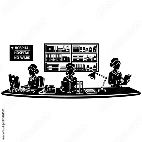 Medical professionals working at a hospital reception desk isolated on transparent background, Vector