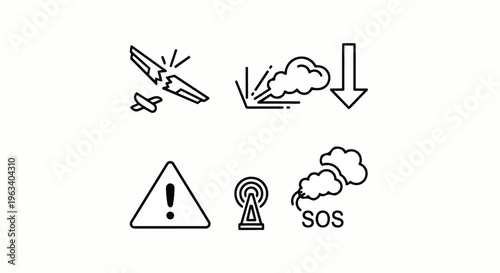 airplane crash emergency warning and distress signal icons illustrating dangerous situations communication failure and urgent alert concepts.