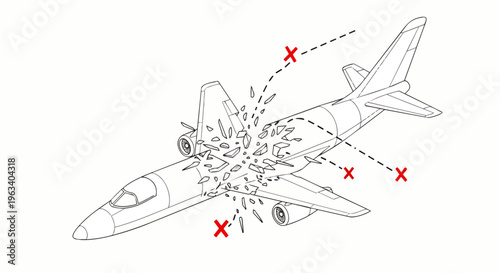 airplane crash illustration showing catastrophic mid-air explosion and fuselage breaking apart depicting an aviation disaster