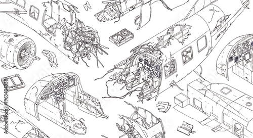 airplane crash wreckage detailed technical drawing showing an aviation disaster with damaged aircraft components scattered