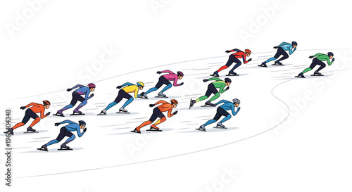 Twelve speed skaters in colorful suits race on a curved ice track against a white background.