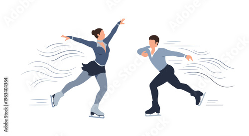 A male and female figure skater perform an artistic routine on ice with motion lines on a white background.