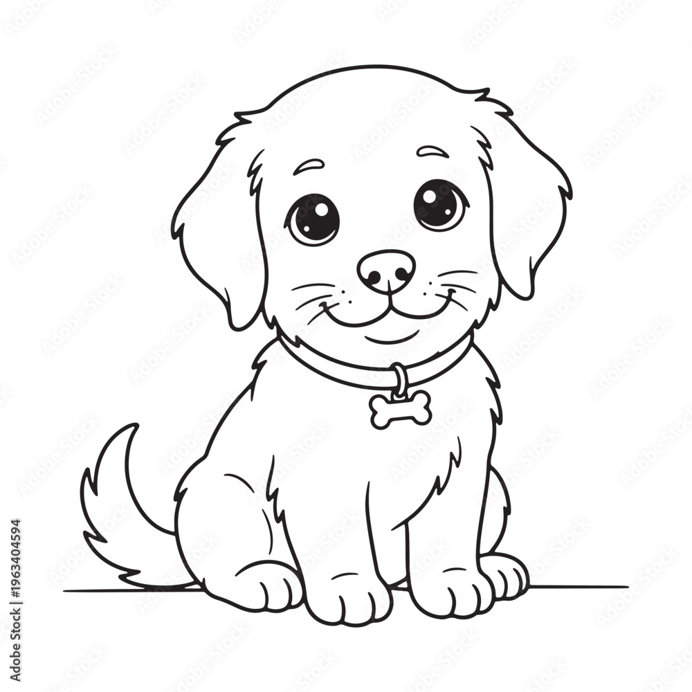 Obraz premium Cute puppy coloring page for kids, black and white outline vector illustration.