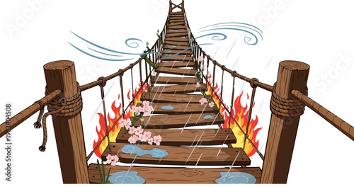 PrintFragile wooden suspension bridge depicted facing extreme perils including fire rain and strong wind illustrates a difficult journey toward a distant goal