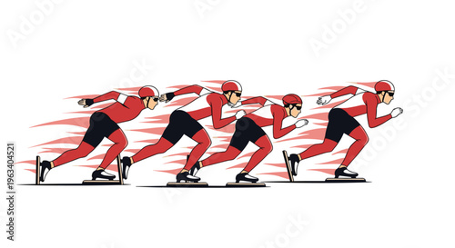 Four identical red-suited speed skaters are shown in a sequential motion blur on a white background.
