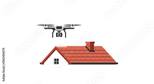 A grey and white drone hovers above a house with a red-tiled roof on a white background.