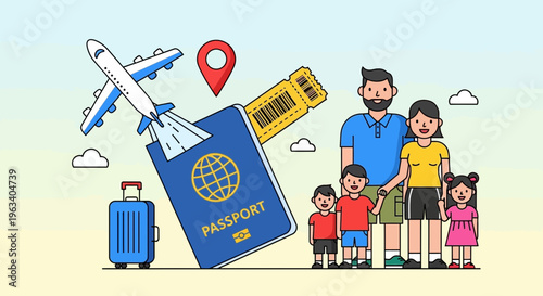 Happy Family Traveling Abroad with Passport and Airplane.