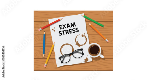 A crumpled paper with EXAM STRESS and coffee stains is surrounded by pencils and glasses on a wooden table.