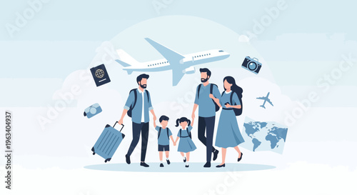 Happy family traveling together with luggage and airplane.