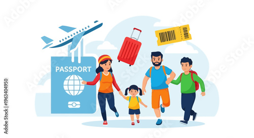 Happy family traveling together with luggage and passport.