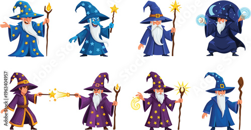 Cartoon Wizard Character Set Featuring Magical Wizards in Various Poses with Wands and Stars for Websites, Apps, and Digital Media