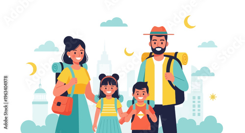 Happy family with backpacks ready for travel adventure.