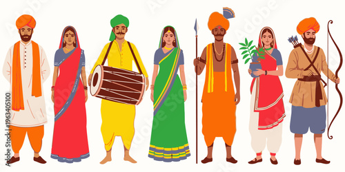 Diverse group of people in traditional clothing standing together in unity and celebration.