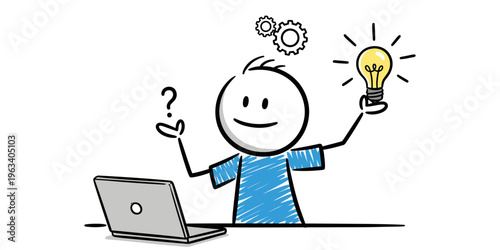 A cartoon man having an idea with laptop.