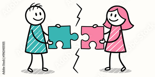 Two cartoon people holding puzzle pieces.