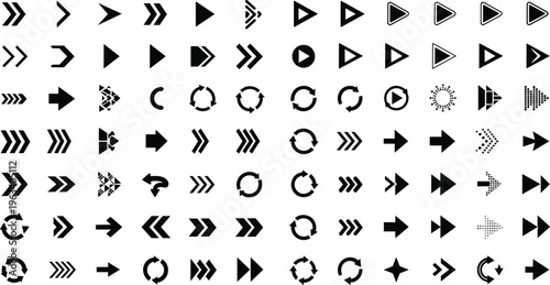 Collection of black arrow icons and playback symbols including play buttons refresh cycles and directional pointers for web interface navigation and multimedia application vector design.