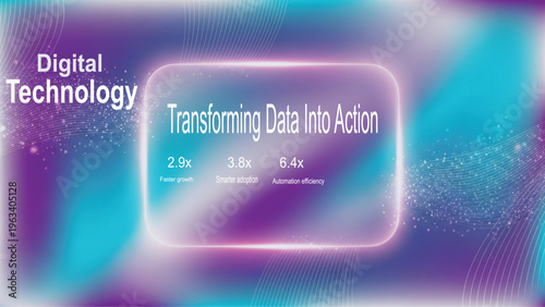 Digital technology background with transforming data into action text, futuristic blue and purple gradient mesh, abstract data analytics banner