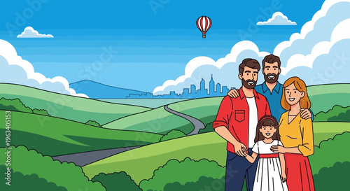 Happy family with two fathers and daughter enjoying outdoors.