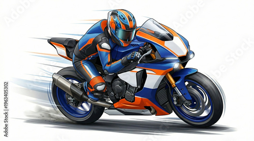 Side view illustration of a blue and orange sport motorcycle with a racer on a racetrack with motion blur lines