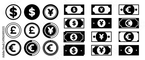 Money Currency Icon Set Dollar Yen Euro Pound Symbols Minimal Black White Financial Collection Editable High Resolution