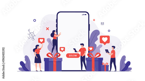 Marketing team manages a social media giveaway campaign with gifts and heart icons around a large blank smartphone screen.