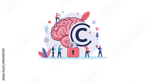 Small people work together to protect intellectual property around a large brain with a copyright symbol and a secure padlock.