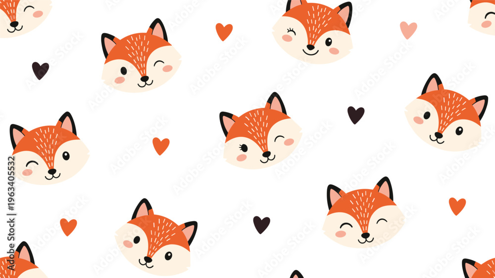 Fototapeta premium Seamless background pattern featuring adorable orange fox faces with various expressions and small brown hearts on white.