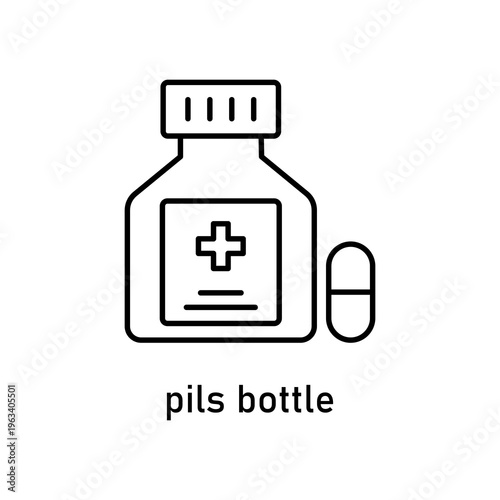 A medicine bottle icon containing one pill. Perfect for medical and healthcare concept designs and projects.