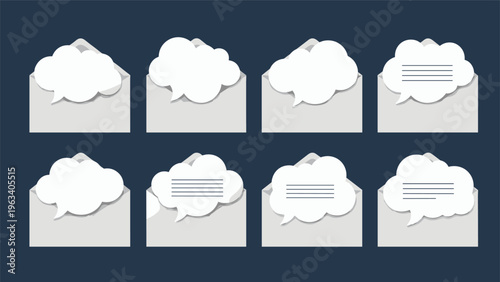 Collection of eight gray mail envelopes each with an empty white cloud chat bubble for communication and messaging icons.