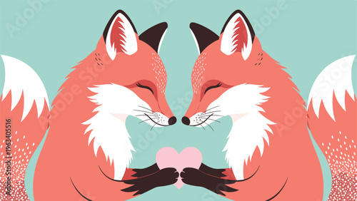 Romantic scene with two orange foxes holding a pink heart between them on a light green background for Valentine's Day.