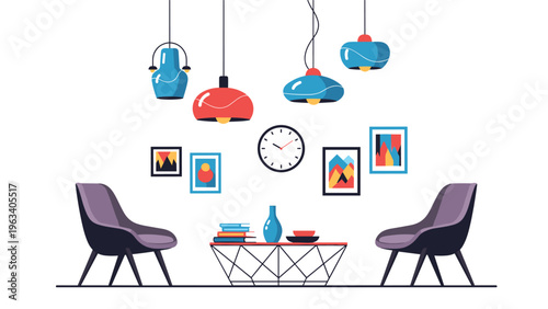 Comfortable and stylish living room interior with two purple armchairs, a coffee table, abstract art on walls, and colorful lamps.