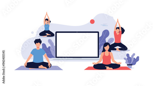 Diverse group of people practicing yoga and meditation around a laptop with a blank screen for online training classes.