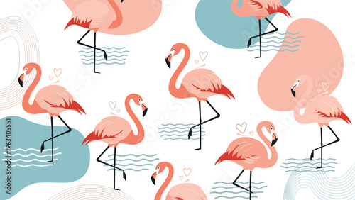 Seamless pattern of elegant pink flamingos standing in water with abstract shapes and small hearts on white background.