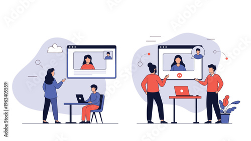 Professional office workers communicating through high quality video conference technology on large monitors at their desks.