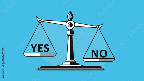 Scales of justice balancing the words yes and no on a bright blue background to represent decision making and choices.