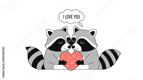 Two cute raccoons hugging a heart with a speech bubble saying i love you on a simple white background.