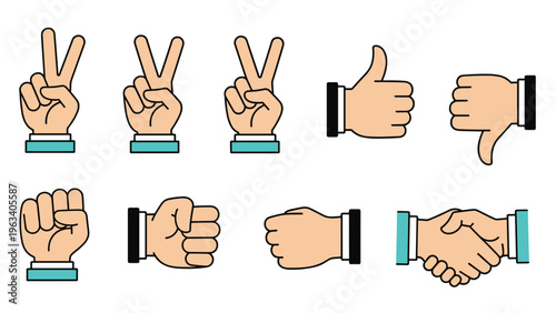 Set of flat hand gesture icons showing peace sign, thumbs up, fist, and handshake for various communication meanings.