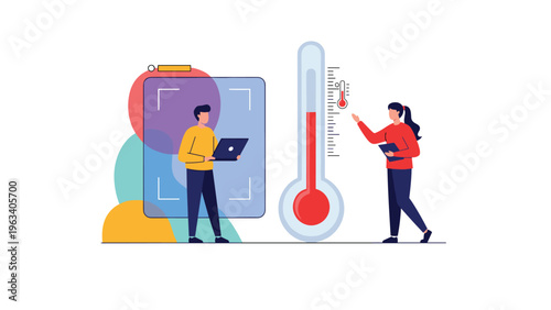 Healthcare workers monitoring body temperature using a giant thermometer in front of a digital diagnostic screen.