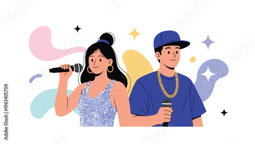 Young woman and man performing on stage as singers with microphones against a vibrant abstract background.