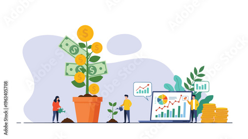 Investment and financial growth concept with tiny people watering a plant growing dollar bills and gold coins.