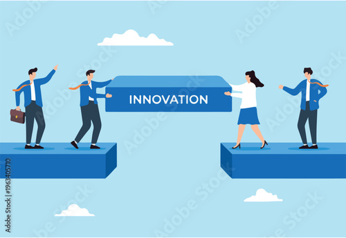 Business team constructing bridge over gap labeled Innovation concept change adapting and collaborative to achieve success