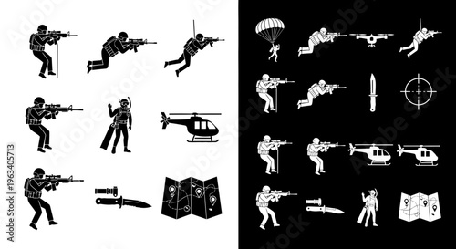 Military Soldier Icons Set: Combat Infantry and Tactical Gear Silhouettes