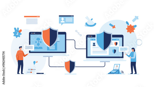 Cybersecurity concept showing laptops and computers protected by large shields for secure data transmission and browsing.