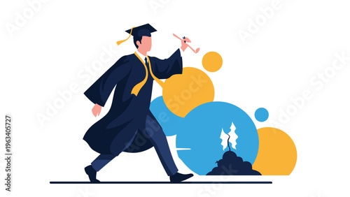 Graduate student in cap and gown walks confidently with a diploma against a background of colorful abstract geometric shapes.